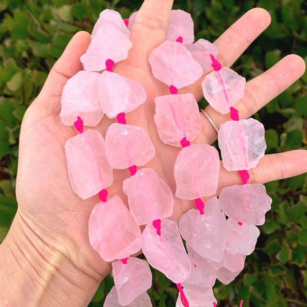 Natural Raw Pink Rose Quartz Gemstone Beads, Large Drilled Rough Nugget Stone,15 Inch GA-C8