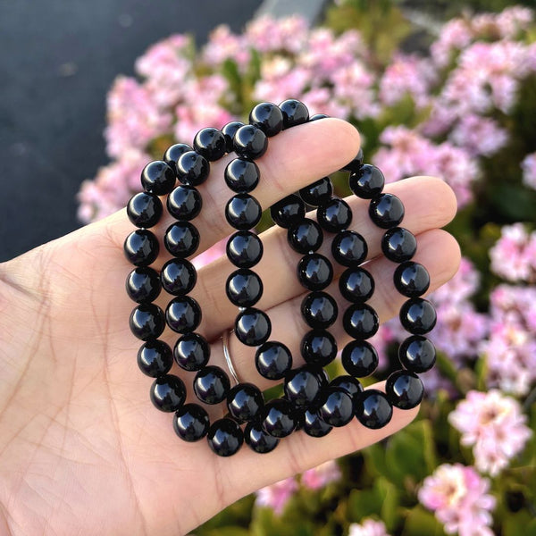 1 Strand Stretch Natural Grade A Black Tourmaline Beaded Gemstone Bracelet, 8mm Bead, Length Selections: 7 inch/7.5 inch/8 inch/8.5 inch