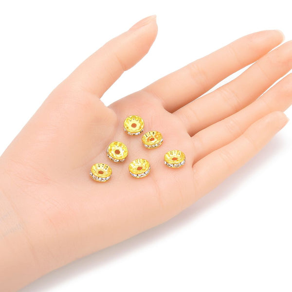 100pcs AAA Grade Rhinestone Rondelle Beads, 18K Yellow Gold Plated Brass, Clear Crystal Rhinestone, Color Selections: 4mm/5mm/6mm/8mm/10mm/12mm