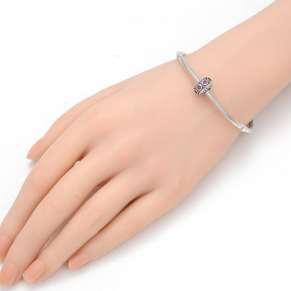 1pc 925 Sterling Silver July Birthstone Bead Charm, Red Ruby Cubic Zirconia CZ, 11x6.8mm, Hole ID 4.5mm, EC1-A7