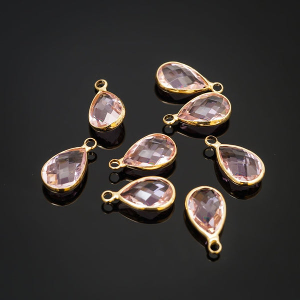 10pcs Grade A October Pink Teardrop Birthstone Charm Drop, 18K Yellow Gold Plated Brass, Size Selections: 11x7mm, 14x8mm, 16x9mm