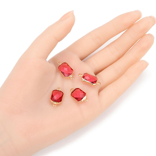 10pcs Grade A July Ruby Red Birthstone Rectangle Radiant Cut Links, 18K Yellow Gold Plated Brass, 14mm, CCP12-G7