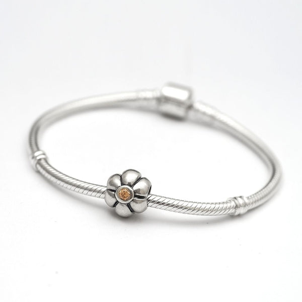 1pc 925 Sterling Silver Flower Charm November Birthstone Cubic Zirconia CZ, Compatible with Pandora All Other Charm Bracelet, EC8