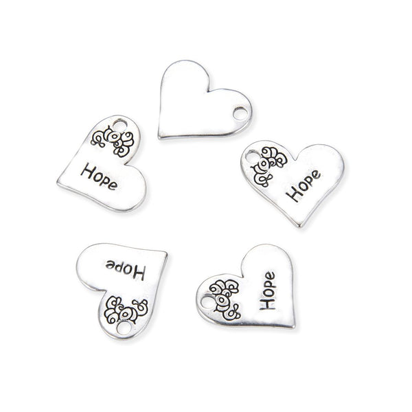 20pcs Heart of Hope Heart Charms, 19.2mm One Sided Heart Drop Pendants, Antique Silver, MC-D18