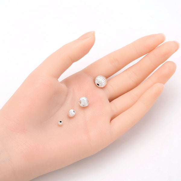 100pcs Tarnish Resistant Small Tiny Corrugated Melon Round Beads, Sterling Silver Plated Brass, 4mm, Hole ID 1mm, BF109-4