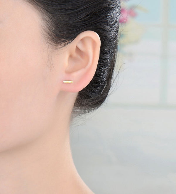 1 Pair 18K Yellow Gold Plated 925 Sterling Silver Stud Earrings, Bar Ear Studs, Small Tiny, SSE101-2