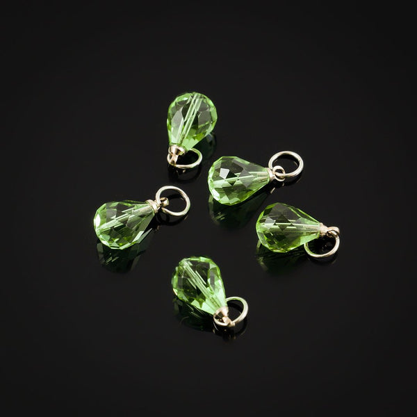 5pcs August Birthstone Charm Drops, 10mm Peridot Green Austrian Teardrop Crystal Beads, Sterling Silver Plated Open Jump Rings, BR6-8
