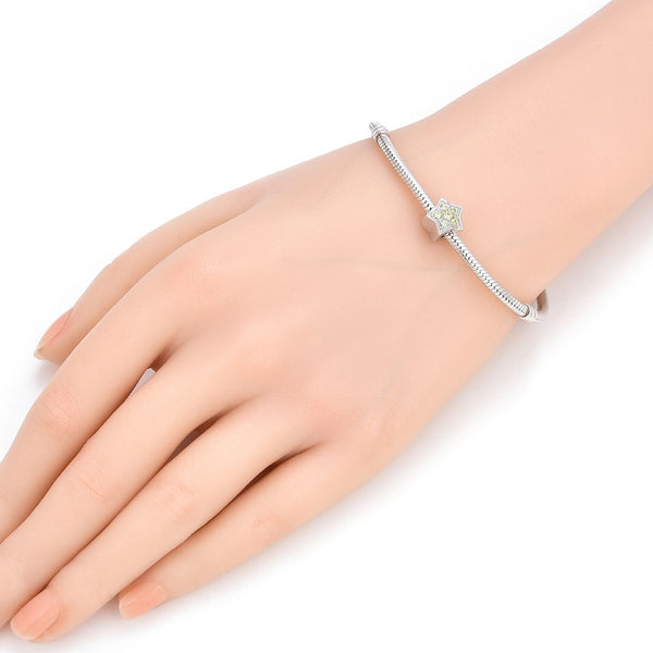 1pc 925 Sterling Silver Star Charm August Birthstone Bead Charm, Green Peridot Cubic Zirconia CZ, 10x9.5mm, Hole ID 4.5mm, EC1-K8