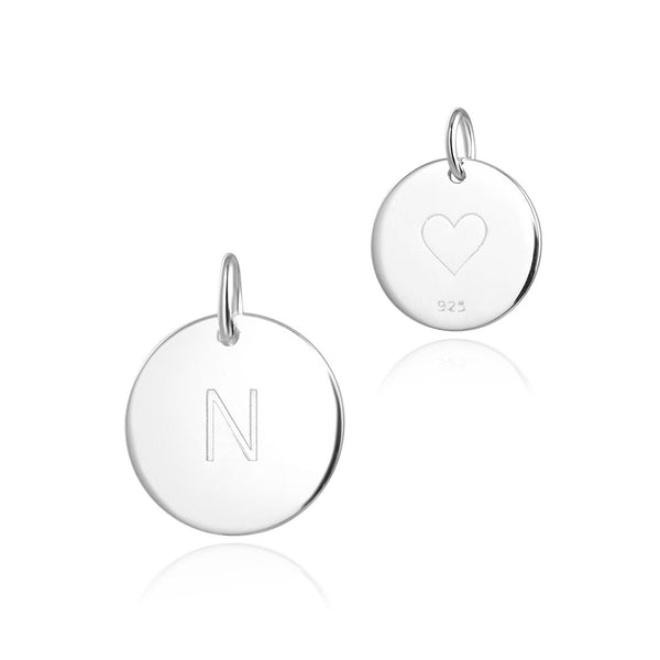 1pc 925 Sterling Silver 12mm Letter N Charm, Heart Engraved, Name Initial Disc Coin Pendant Drop, SLP-S14