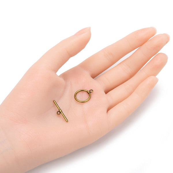 10 Sets Round Toggle Clasps, T-Bar Closure, Antique Bronze Plated Brass, 14mm, CF181-4