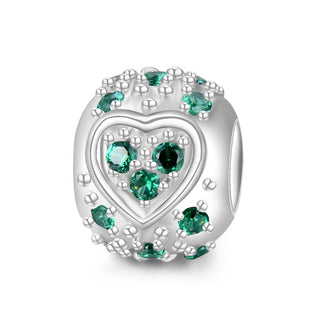 1pc 925 Sterling Silver Round Heart Pattern May Birthstone Bead Charm, Green Emerald Cubic Zirconia CZ, 11x9mm, Hole ID 4.5mm, EC1-H5