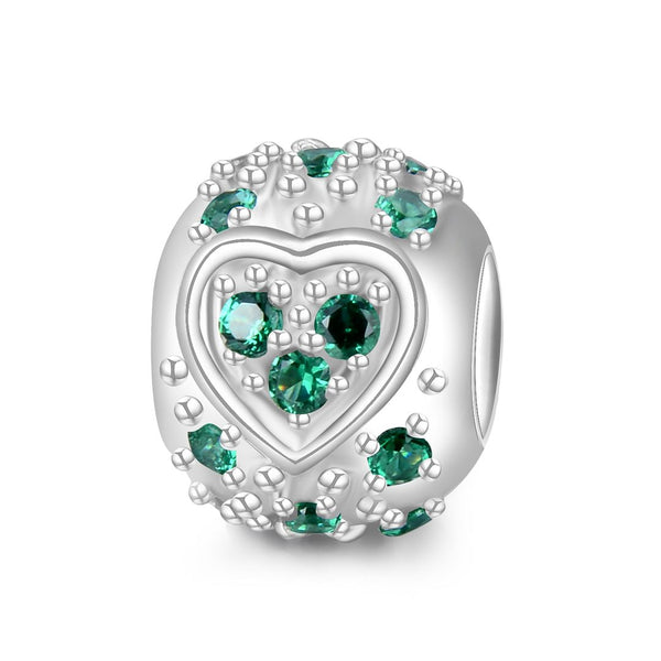 1pc 925 Sterling Silver Round Heart Pattern May Birthstone Bead Charm, Green Emerald Cubic Zirconia CZ, 11x9mm, Hole ID 4.5mm, EC1-H5