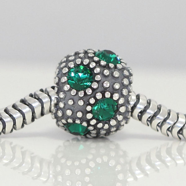 1pc 925 Sterling Silver May Birthstone Bead Charm, Green Emerald Cubic Zirconia CZ, 10.3x9mm, Hole ID 4.5mm, EC1-M5
