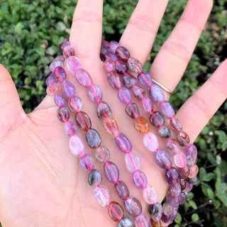 Natural Purple Rutilated Quartz Gemstone Oval Tumbled Pebble Beads, Irregular, 7mm to 10mm, Hole ID 1mm, 15 Inch/1 Strand, GZ12-35