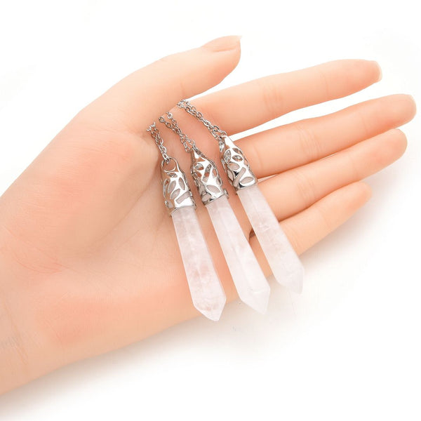 1pc Natural White Quartz Clear Crystal Hexagonal Pile Gemstone Pendant Necklace, 26 Inch Surgical Stainless Steel Chain, GGP-BB5