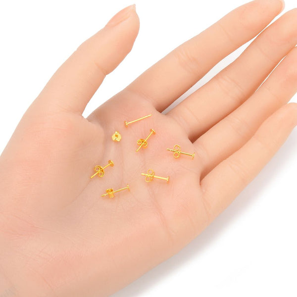 4 Pairs 925 Sterling Silver Earring Posts, 18K Yellow Gold Plated, Glue On Flat Board, 0.7mm/21 Gauge Pin, 8pcs Earring Backs, Flat Board Selections: 3/4/6/8mm
