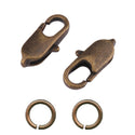 50pcs Rectangle Lobster Claw Clasp, 50pcs Open Jump Rings, Antique Bronze Plated Brass, Size Selections: 10mm/12mm