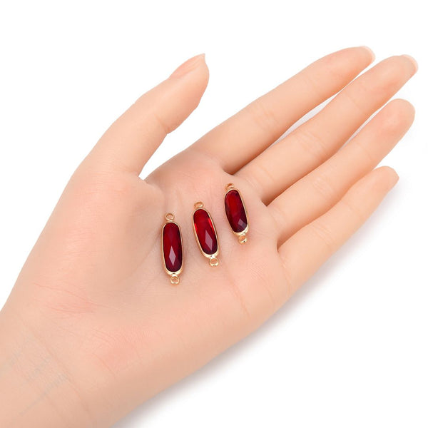 10pcs Grade A January Siam Red Rectangle Bar Birthstone Links, 18K Yellow Gold Plated Brass, 21x7mm, CCP9-G1