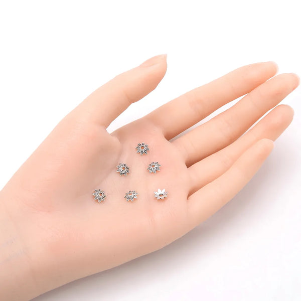 200pcs 8-Petal Flower Bead Caps, 7mm Bead End Caps, Antique Silver, MC-AB13