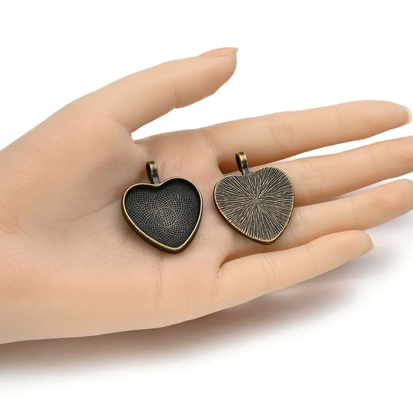 20pcs Large Sturdy Heart Bezels, Pendant Base, Antique Bronze, Designed for 25mm Cabochon Resin Cameo Photo, MC-H4