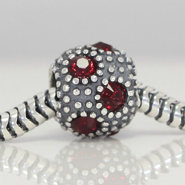 1pc 925 Sterling Silver January Birthstone Bead Charm, Siam Red Garnet Cubic Zirconia CZ, 10.3x9mm, Hole ID 4.5mm, EC1-M1