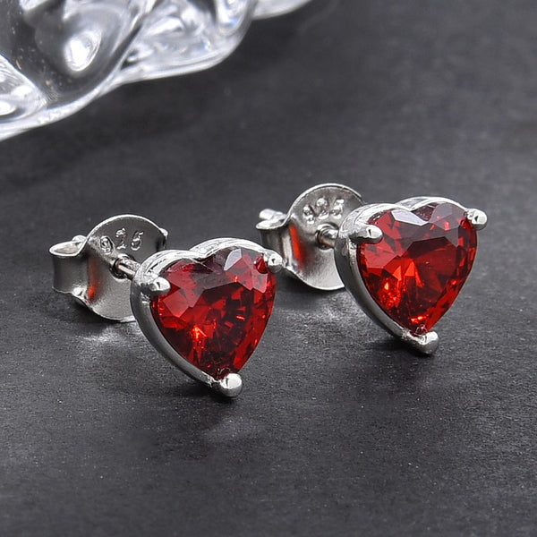 1 Pair 925 Sterling Silver January Red Love Heart Birthstone Stud Earrings, 6mm/0.84 Carat Cubic Zirconia CZ Created Garnet Stone, SSE79-1