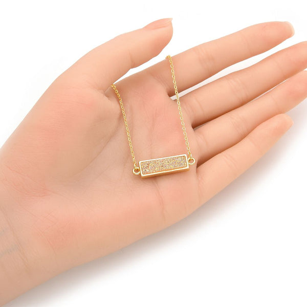 1pc Natural Druzy Crystal Pendant Necklace, Clear AB Bar Gemstone Pendant, 18 inch Gold Plated Stainless Steel Chain, GGP24-5
