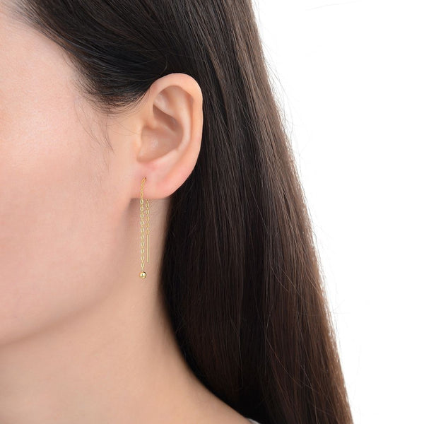 1 Pair Real 18K Yellow Gold Plated 925 Sterling Silver Threader Earrings, Pull Through Dangle Chain with Tiny 3mm Ball, Length Selections: 2/3/4/5/6 Inch