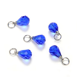 5pcs September Birthstone Charm Drops, 10mm Sapphire Blue Austrian Teardrop Crystal Beads, Sterling Silver Plated Open Jump Rings, BR6-9