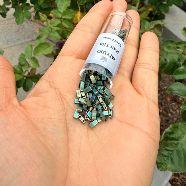 10g Miyuki Half Tila Seed Beads 5x2.3mm, Metallic Iris Green Patina (HTL-2008)