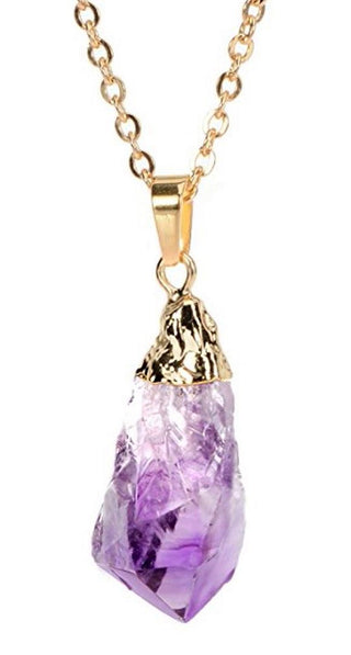 1pc Natural Raw Purple Amethyst Crystal Free Form Gemstone Pendant Necklace, 18 inch 18K Yellow Gold Plated Stainless Steel Chain, GGP12-2