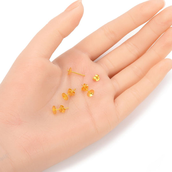 5 Pairs 925 Sterling Silver Earring Posts, Real 18K Yellow Gold Plated, Glue In Pearl Cup, 0.9mm/19 Gauge Pin, 10pcs Earring Backs, Cup Size Selections:3/4/6/8mm