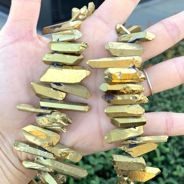 1 Strand Natural Raw Crystal Quartz Gemstone Beads, Small Drilled Stone Points, Gold Titanium Coated Stone Stick, 15 Inch, GA3