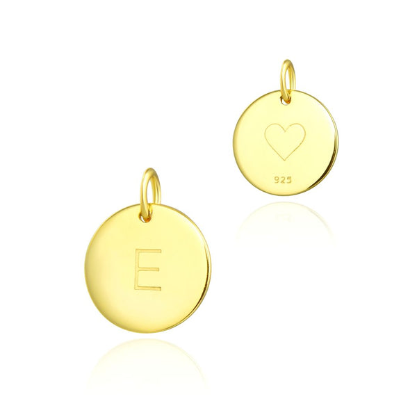 1pc 925 Sterling Silver 12mm Letter E Charm, Real 18K Yellow Gold Plated, Heart Engraved, Name Initial Disc Coin Pendant Drop, SLP-G5