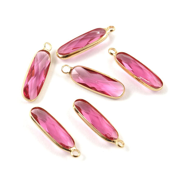 10pcs Grade A July Ruby Red Rectangle Bar Birthstone Charm Drops, 18K Yellow Gold Plated Brass, 21x7mm, CCP8-G7