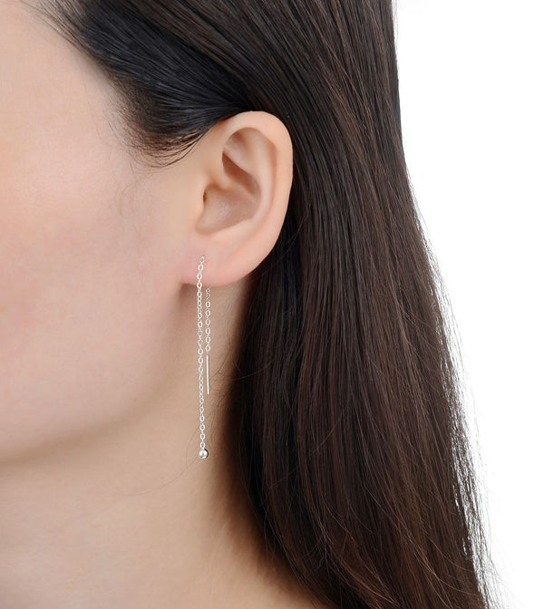 1 Pair 925 Sterling Silver Threader Earrings, Pull Through Dangle Cable Chain with Tiny 3mm Ball, Length Selections: 2/3/4/5/6 Inch