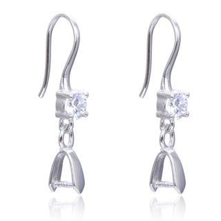4pcs 925 Sterling Silver Fancy Earring Hooks, Pinch Bail, 4mm Cubic Zirconia CZ, Tarnish Resistant Rhodium Plated, 25mm, SS445
