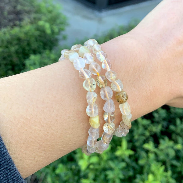 1 Strand Stretch Natural Gold Rutilated Quartz Free Form Gemstone Bracelet, 5-8mm Small Beads, Length Selections: 7 inch/7.5 inch
