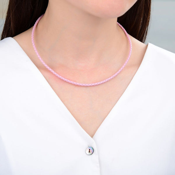 1pc Braided Pink Leather Cord Necklace, Sterling Silver Clasp, 3mm Diameter, Length Selections: 16 inch/18 inch