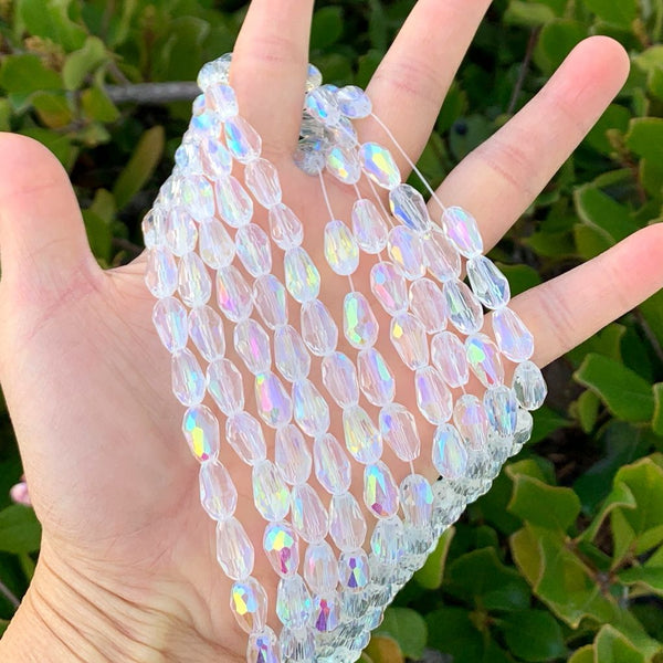 120pcs Creative Club Faceted Teardrop Crystal Glass Beads, Center Drilled, Crystal AB, 12x8mm, Hole ID 1mm, CCT-1202