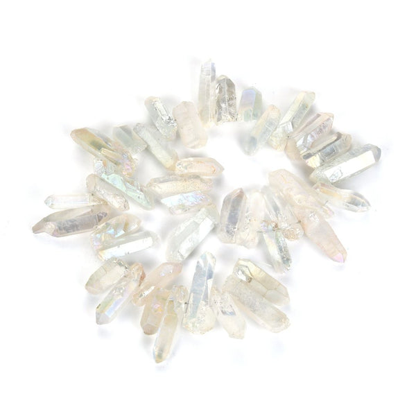 1 Strand Natural Raw Crystal Quartz Gemstone Beads, Large Drilled Stone Points, Clear AB Titanium Coated Gem Stick, 15 Inch, GA-E2