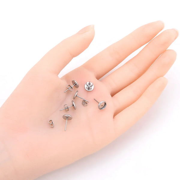 50pcs 304 Grade Stainless Steel Round Bezel Ear Tray Earring Findings – For Stud Earrings (6mm/8mm/10mm/12mm)