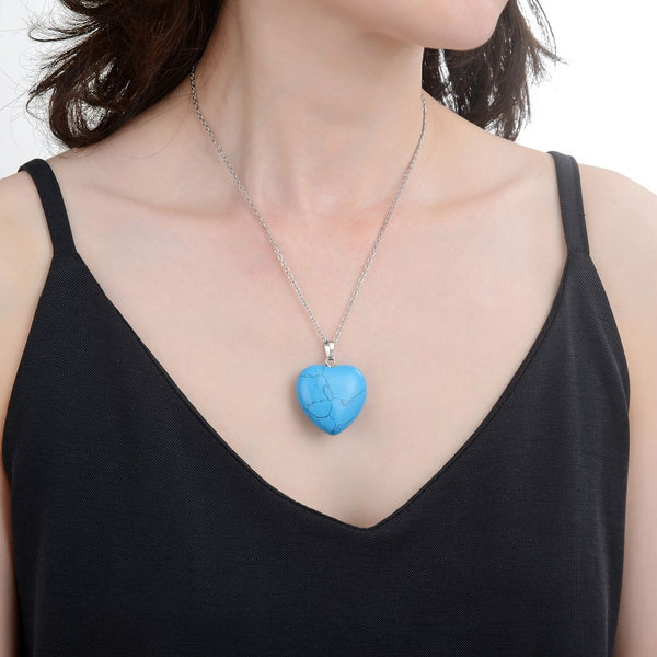 1pc You Are My Only Love Necklace, Natural Blue Howlite Imitation Turquoise Gemstone Large Heart Pendant, 18 Inch Surgical Stainless Steel Chain, GGP8-4