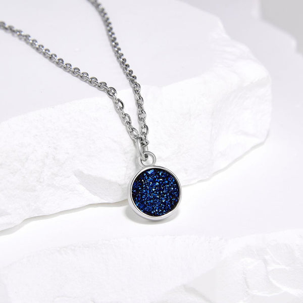 1pc Natural Druzy Crystal Pendant Necklace, Purple Blue Round Disc Drop Small Tiny Gemstone Pendant, 18 inch Stainless Steel Surgical Chain, GGP21-6
