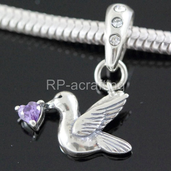 1pc 925 Sterling Silver Bird Charm, Freedom Lover February Birthstone Charm Drop, Purple Amethyst Cubic Zirconia CZ, 20mm Long, Hole ID 4.5mm, EC1-D2
