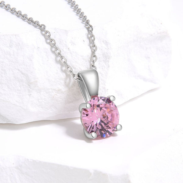 925 Sterling Silver October Birthstone Solitaire Necklace, 6mm/0.84 Carat Pink Tourmaline Cubic Zirconia CZ, Length Selections: 16 inch/18 inch