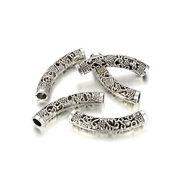 10pcs Large Hole Curved Filigree Grapevine Noodle Tubes, Antique Silver, 49mm (1.93 Inch), Hole ID 6.2mm, MC-L8