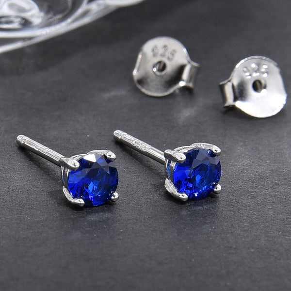 1 Pair 925 Sterling Silver September Birthstone Round Cut Stud Earrings, 4mm/0.25 Carat Small Tiny Cubic Zirconia CZ Blue Sapphire Stone, SSE78-9