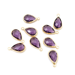 10pcs Grade A February Amethyst Teardrop Birthstone Charm Drop, 18K Yellow Gold Plated Brass, Size Selections: 11x7mm, 14x8mm, 16x9mm