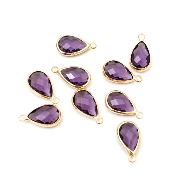 10pcs Grade A February Amethyst Teardrop Birthstone Charm Drop, 18K Yellow Gold Plated Brass, Size Selections: 11x7mm, 14x8mm, 16x9mm